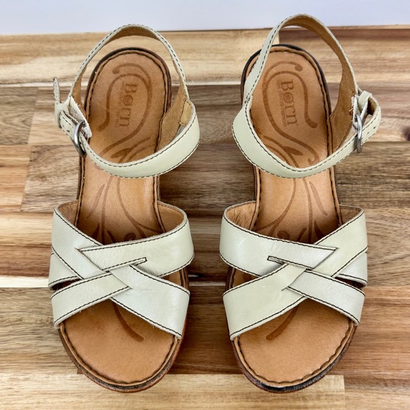 Born Sandals Women's Size 8 M Wedge Heel Cream Leather Criss Cross Ankle‎ Strap - Picture 2 of 10